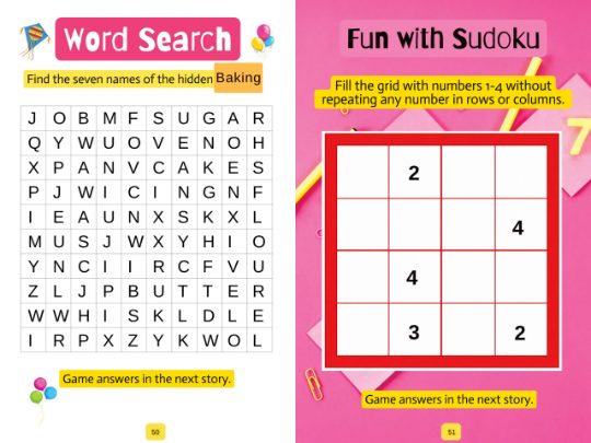 Puzzles and brain challenges inside the book