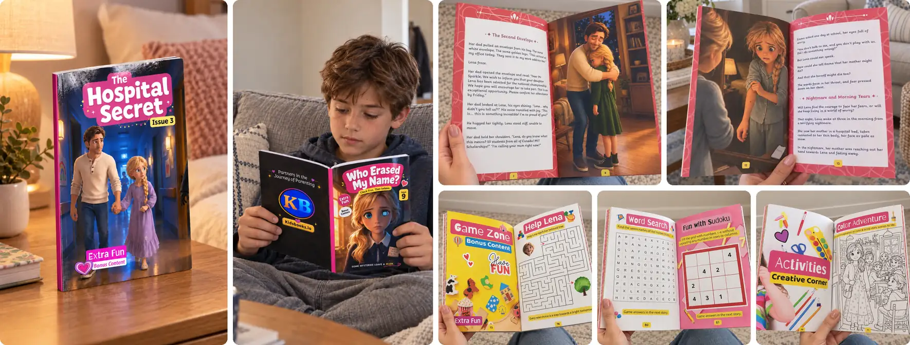Seven photos from inside our books: a cover, a young reader, story pages, puzzles and colouring activities