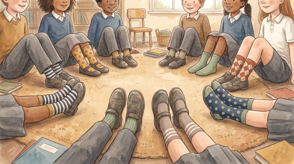 KS2 children sitting in a circle on the classroom carpet, each wearing two different socks for Odd Socks Day