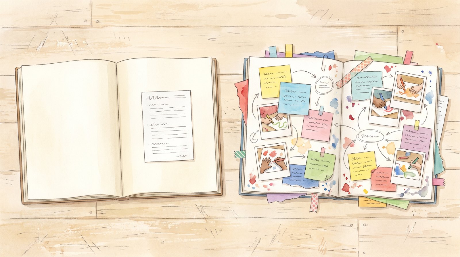 Two floor book pages side by side, one full of childrens own words and one holding only printed worksheets