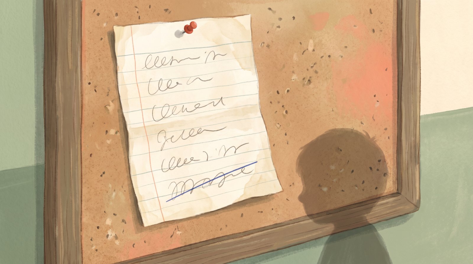 A class team list on a noticeboard with one name crossed out