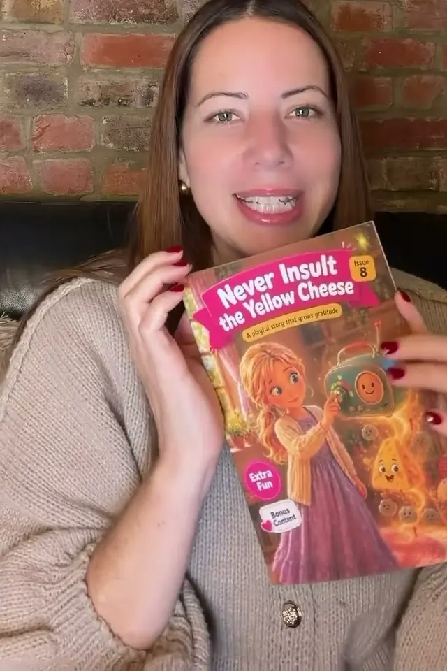 A mum holding Never Insult the Yellow Cheese